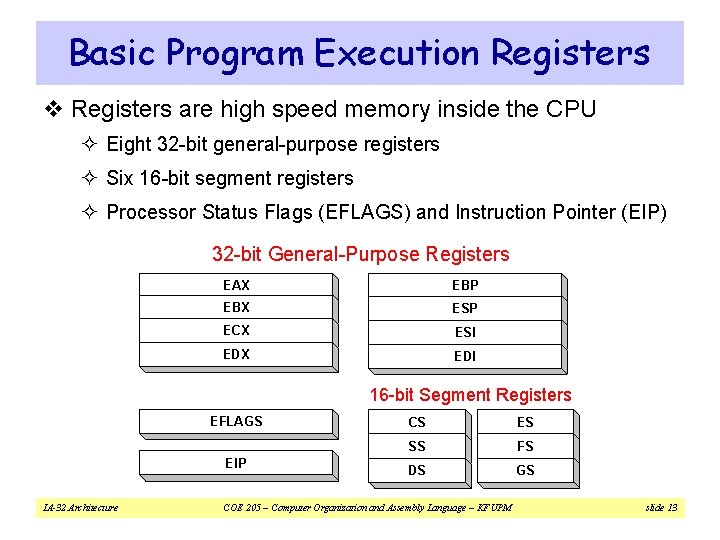 Basic Program Execution Registers v Registers are high speed memory inside the CPU ²