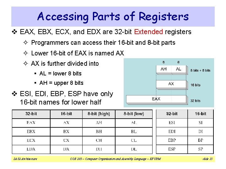 Accessing Parts of Registers v EAX, EBX, ECX, and EDX are 32 -bit Extended