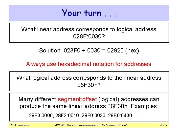 Your turn. . . What linear address corresponds to logical address 028 F: 0030?