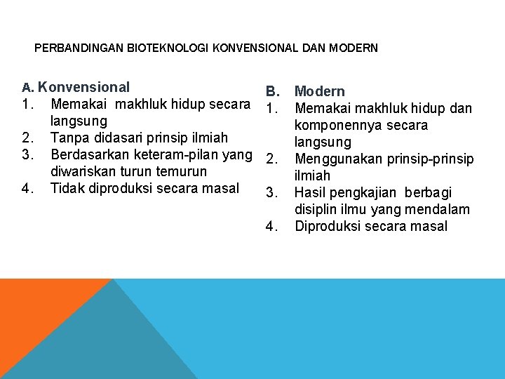 PERBANDINGAN BIOTEKNOLOGI KONVENSIONAL DAN MODERN A. Konvensional 1. 2. 3. 4. B. Modern Memakai