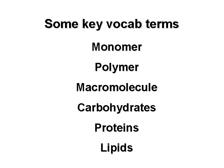 Some key vocab terms Monomer Polymer Macromolecule Carbohydrates Proteins Lipids 