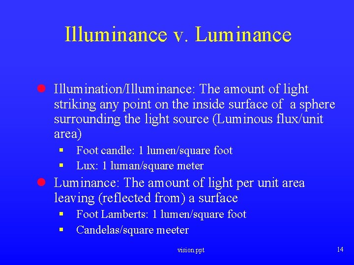 Illuminance v. Luminance l Illumination/Illuminance: The amount of light striking any point on the Illuminance v. Luminance l Illumination/Illuminance: The amount of light striking any point on the