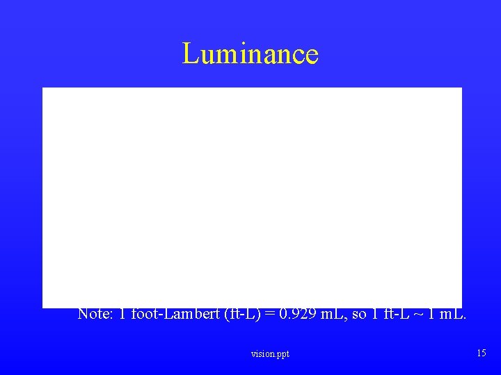 Luminance Note: 1 foot-Lambert (ft-L) = 0. 929 m. L, so 1 ft-L ~ Luminance Note: 1 foot-Lambert (ft-L) = 0. 929 m. L, so 1 ft-L ~