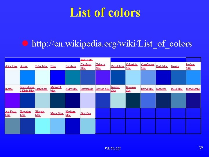 List of colors l http: //en. wikipedia. org/wiki/List_of_colors Shades of blue Alice blue Azure