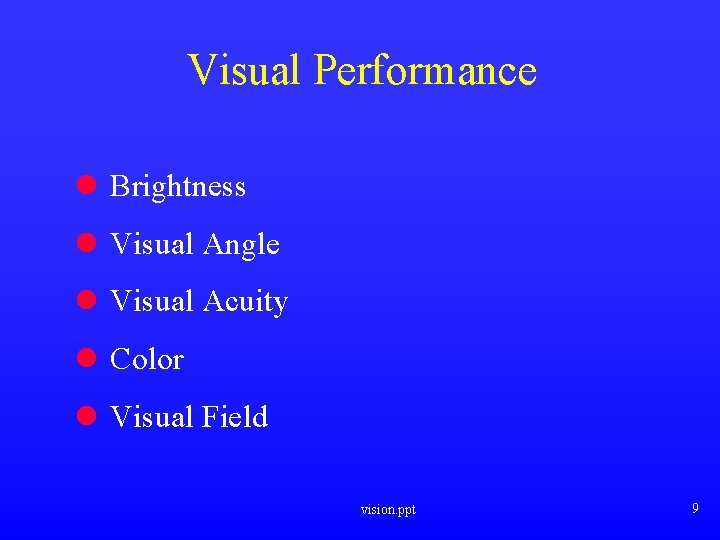 Visual Performance l Brightness l Visual Angle l Visual Acuity l Color l Visual