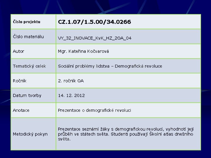 Číslo projektu CZ. 1. 07/1. 5. 00/34. 0266 Číslo materiálu VY_32_INOVACE_Kv. K_HZ_2 OA_04 Autor