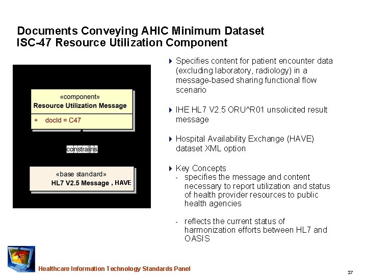 Documents Conveying AHIC Minimum Dataset ISC-47 Resource Utilization Component 4 Specifies content for patient