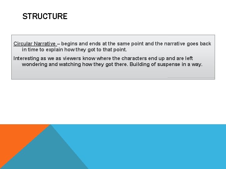 STRUCTURE Circular Narrative – begins and ends at the same point and the narrative
