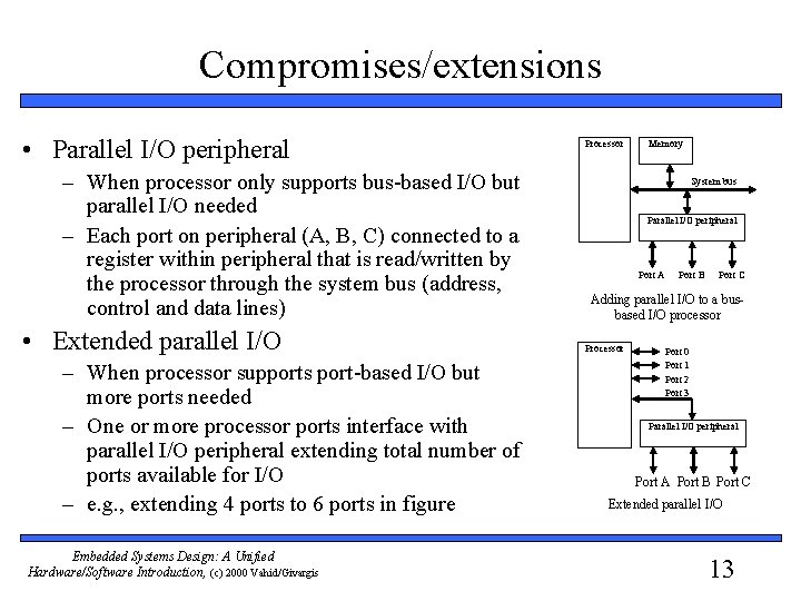 Compromises/extensions • Parallel I/O peripheral – When processor only supports bus-based I/O but parallel