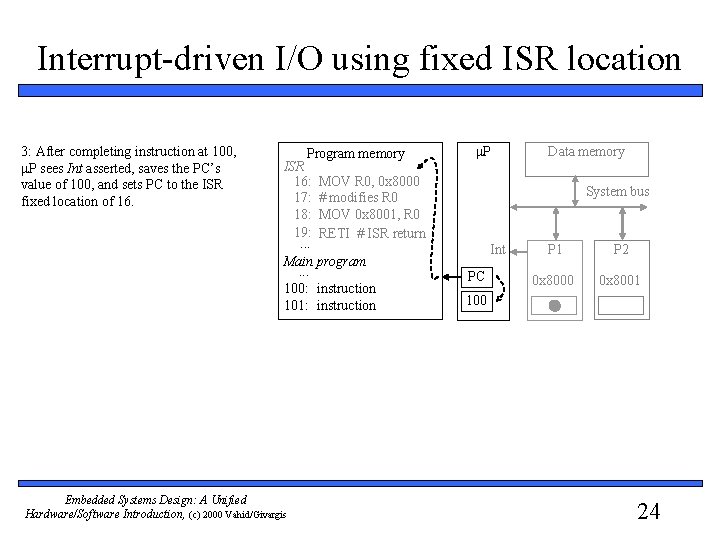 Interrupt-driven I/O using fixed ISR location 3: After completing instruction at 100, P sees