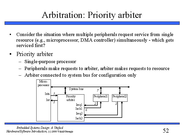 Arbitration: Priority arbiter • Consider the situation where multiple peripherals request service from single