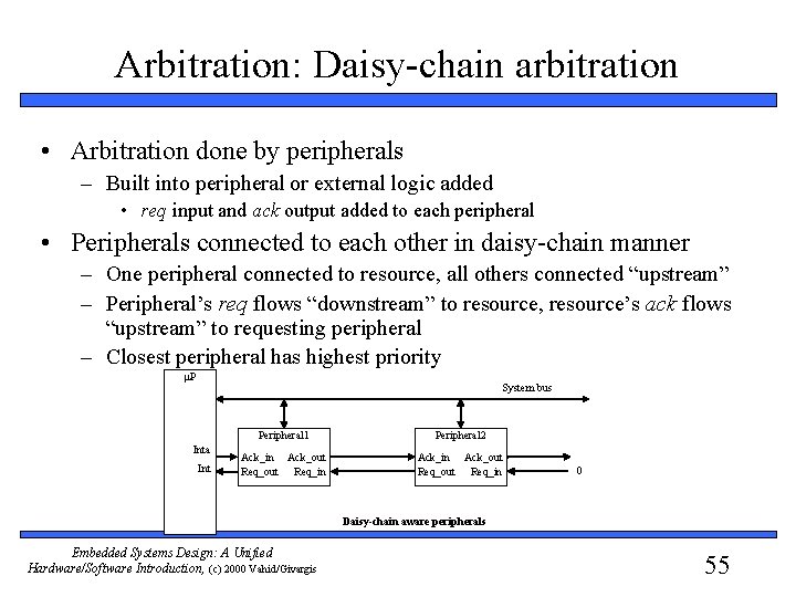 Arbitration: Daisy-chain arbitration • Arbitration done by peripherals – Built into peripheral or external