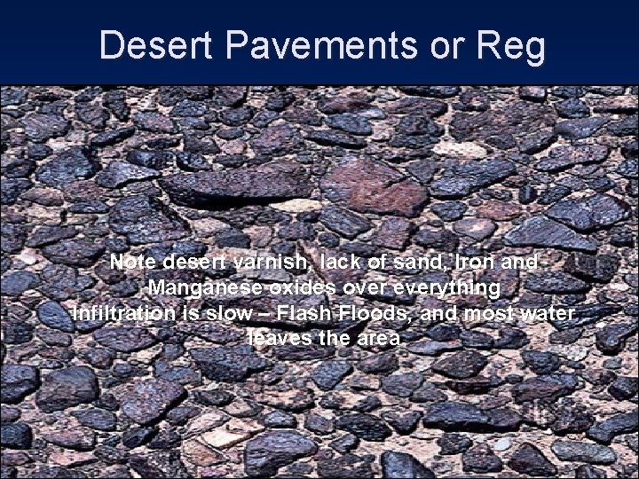 Desert Pavements or Reg Note desert varnish, lack of sand, Iron and Manganese oxides