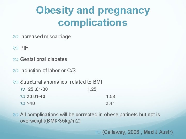 Obesity and pregnancy complications Increased miscarriage PIH Gestational diabetes Induction of labor or C/S