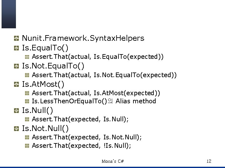 Nunit. Framework. Syntax. Helpers Is. Equal. To() Assert. That(actual, Is. Equal. To(expected)) Is. Not.