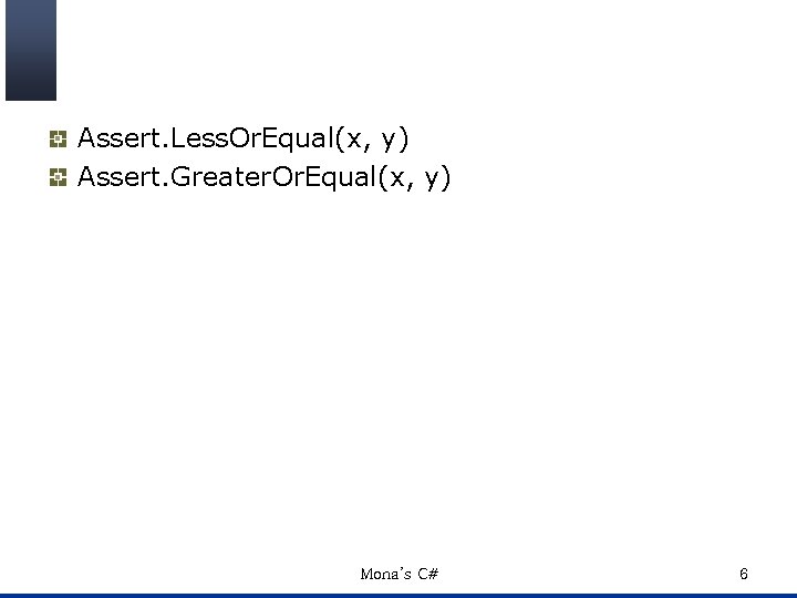 Assert. Less. Or. Equal(x, y) Assert. Greater. Or. Equal(x, y) Mona’s C# 6 
