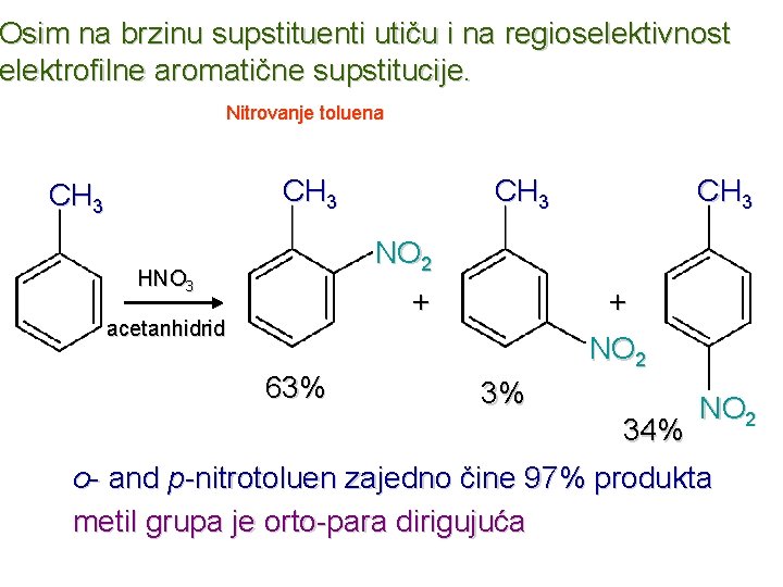 Osim na brzinu supstituenti utiču i na regioselektivnost elektrofilne aromatične supstitucije. Nitrovanje toluena CH