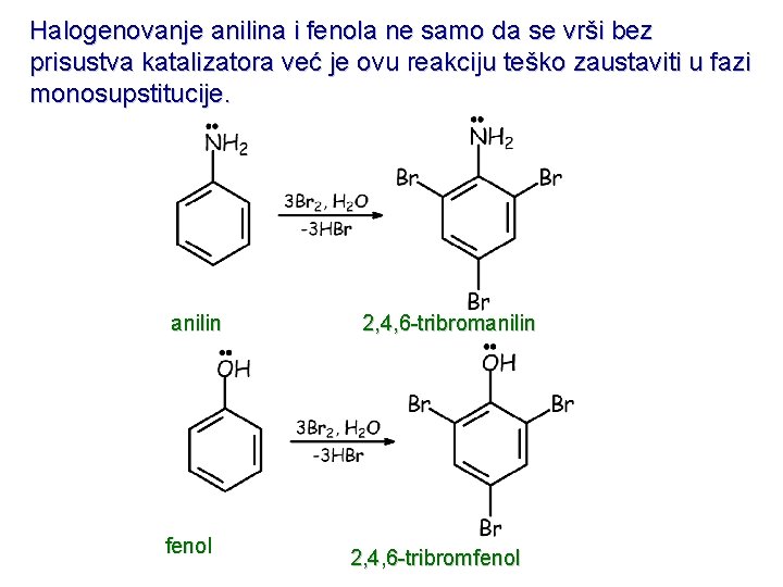 Halogenovanje anilina i fenola ne samo da se vrši bez prisustva katalizatora već je