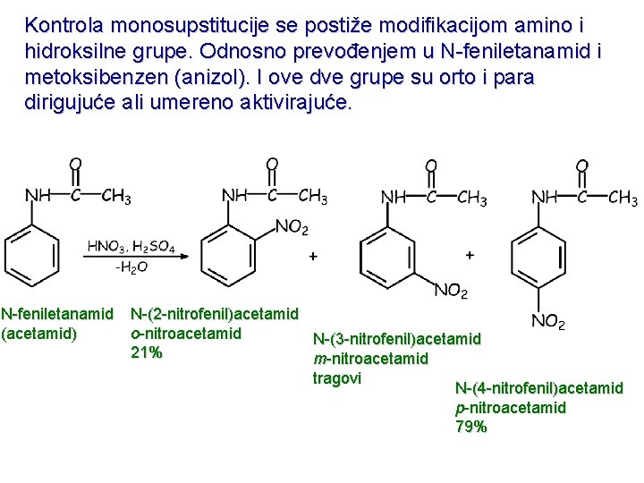 Kontrola monosupstitucije se postiže modifikacijom amino i hidroksilne grupe. Odnosno prevođenjem u N-feniletanamid i