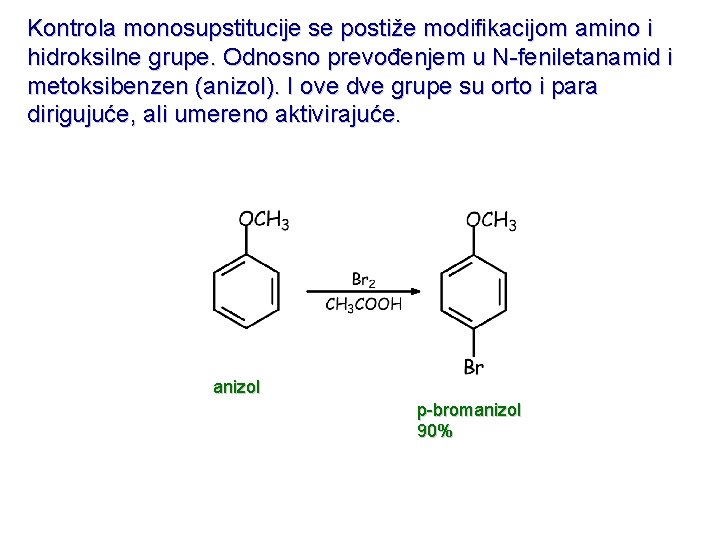 Kontrola monosupstitucije se postiže modifikacijom amino i hidroksilne grupe. Odnosno prevođenjem u N-feniletanamid i