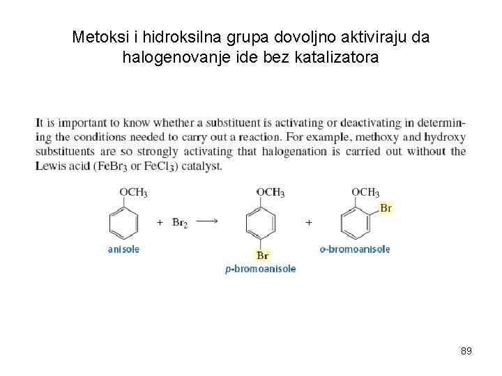 Metoksi i hidroksilna grupa dovoljno aktiviraju da halogenovanje ide bez katalizatora 89 