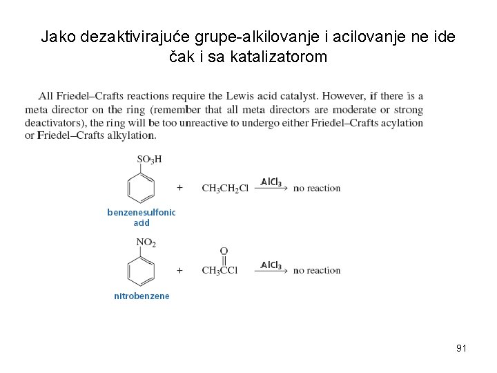 Jako dezaktivirajuće grupe-alkilovanje i acilovanje ne ide čak i sa katalizatorom 91 