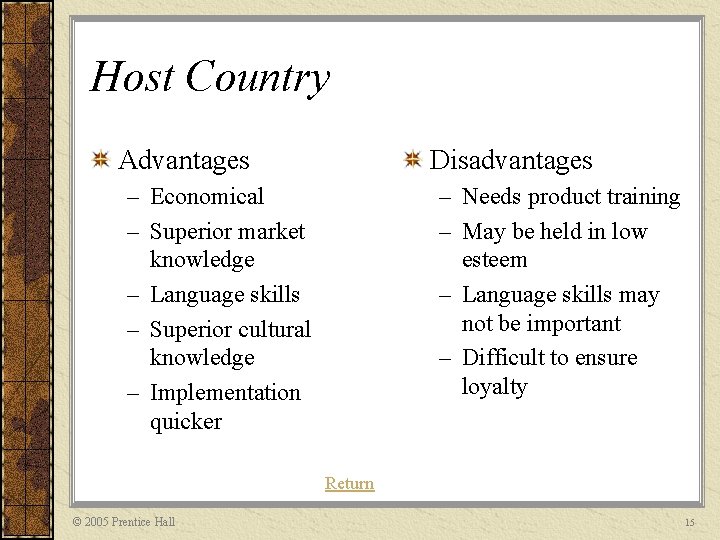 Host Country Advantages Disadvantages – Economical – Superior market knowledge – Language skills –