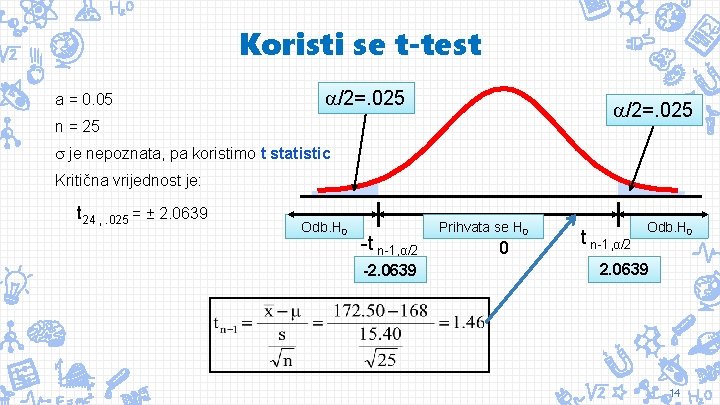 Koristi se t-test a = 0. 05 a/2=. 025 n = 25 je nepoznata,