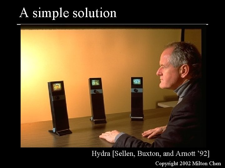 A simple solution Hydra [Sellen, Buxton, and Arnott ’ 92] Copyright 2002 Milton Chen