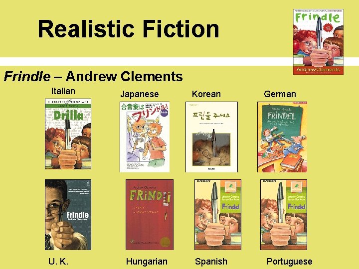 Realistic Fiction Frindle – Andrew Clements Italian U. K. Japanese Hungarian Korean Spanish German