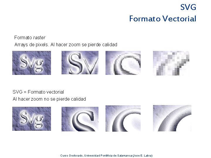 SVG Formato Vectorial Formato raster Arrays de pixels. Al hacer zoom se pierde calidad