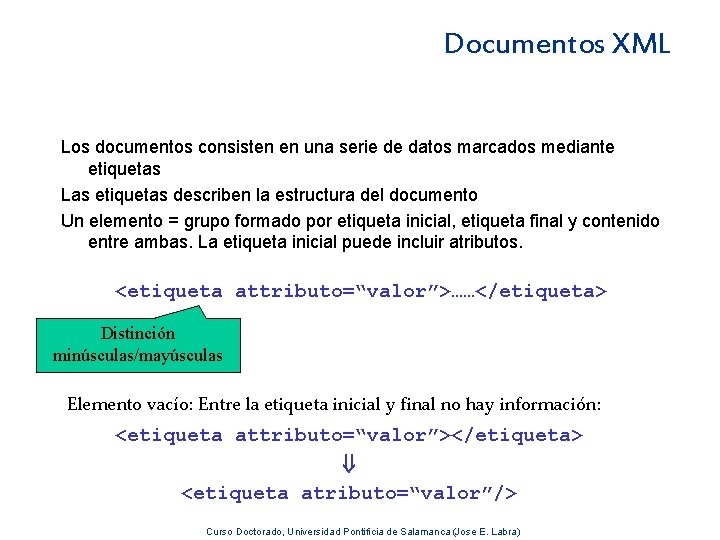 Documentos XML Los documentos consisten en una serie de datos marcados mediante etiquetas Las