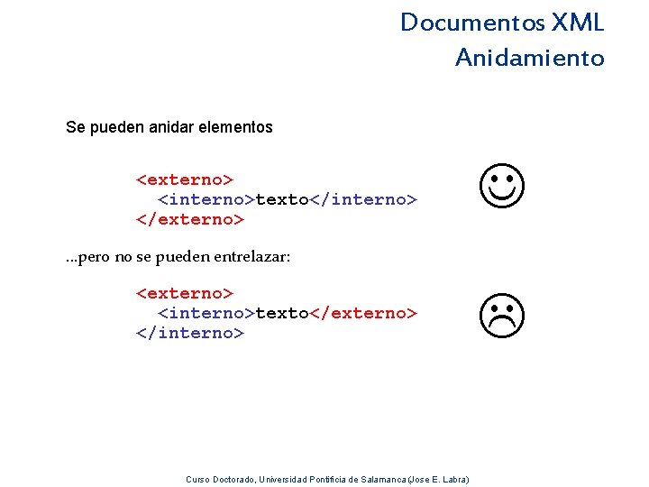 Documentos XML Anidamiento Se pueden anidar elementos <externo> <interno>texto</interno> </externo> . . . pero