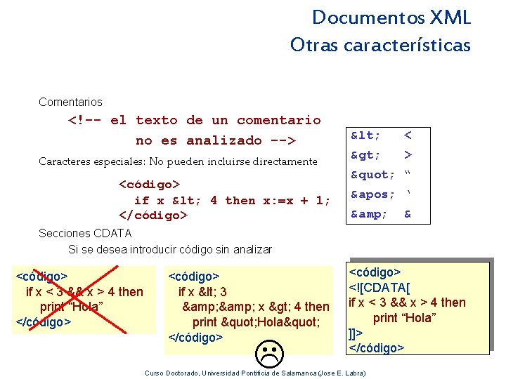 Documentos XML Otras características Comentarios <!-- el texto de un comentario no es analizado