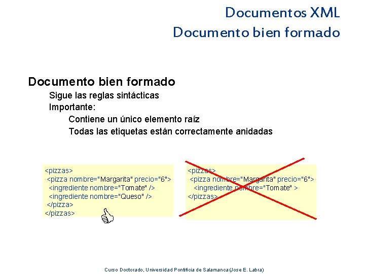 Documentos XML Documento bien formado Sigue las reglas sintácticas Importante: Contiene un único elemento