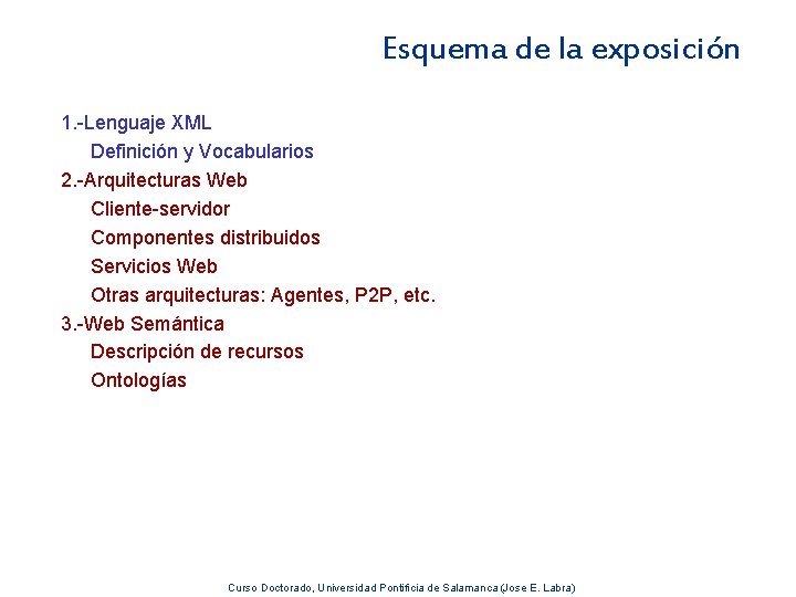 Esquema de la exposición 1. -Lenguaje XML Definición y Vocabularios 2. -Arquitecturas Web Cliente-servidor