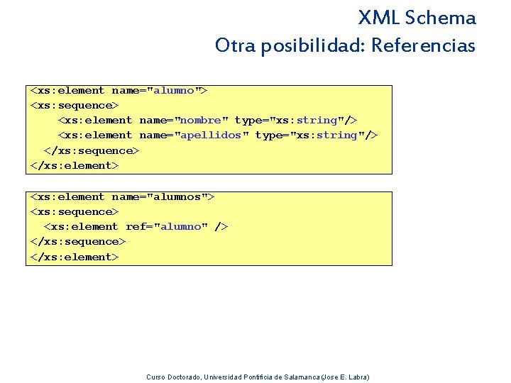 XML Schema Otra posibilidad: Referencias <xs: element name="alumno"> <xs: sequence> <xs: element name="nombre" type="xs: