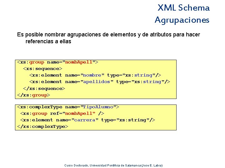 XML Schema Agrupaciones Es posible nombrar agrupaciones de elementos y de atributos para hacer