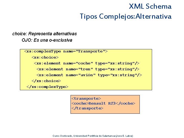 XML Schema Tipos Complejos: Alternativa choice: Representa alternativas OJO: Es una o-exclusiva <xs: complex.