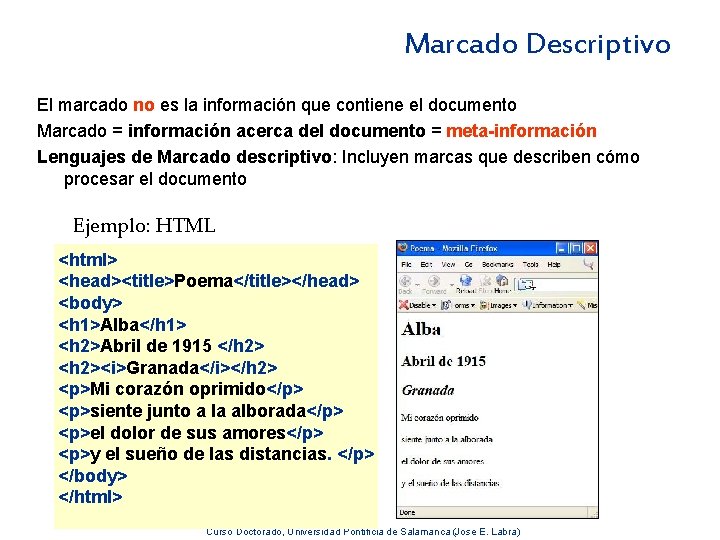 Marcado Descriptivo El marcado no es la información que contiene el documento Marcado =