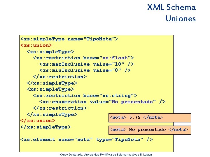 XML Schema Uniones <xs: simple. Type name="Tipo. Nota"> <xs: union> <xs: simple. Type> <xs: