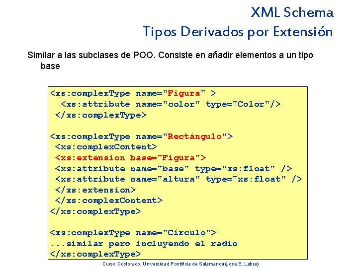 XML Schema Tipos Derivados por Extensión Similar a las subclases de POO. Consiste en