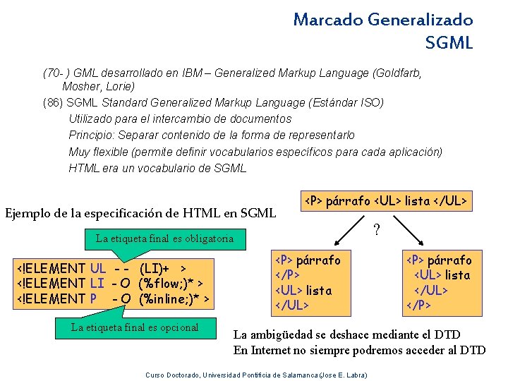 Marcado Generalizado SGML (70 - ) GML desarrollado en IBM – Generalized Markup Language