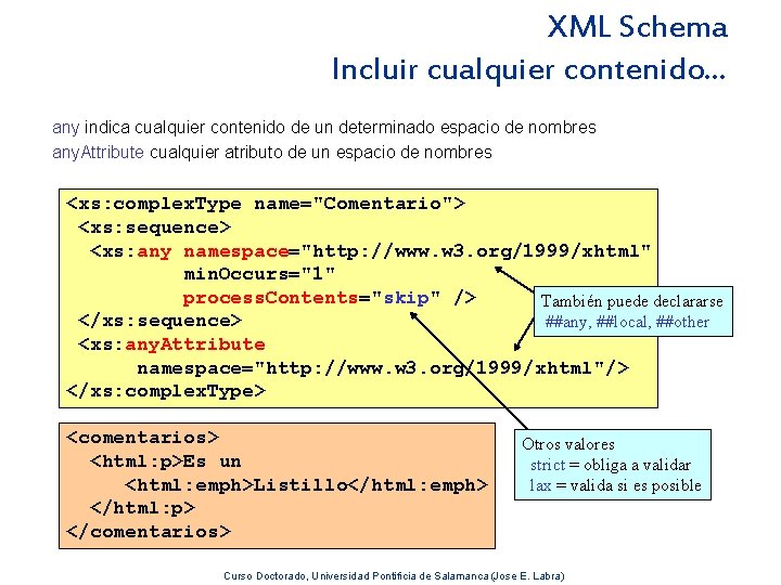 XML Schema Incluir cualquier contenido. . . any indica cualquier contenido de un determinado