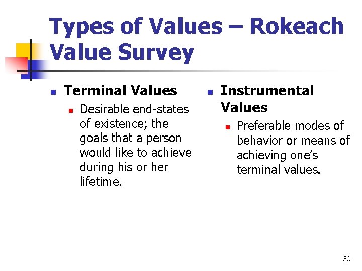 Types of Values – Rokeach Value Survey n Terminal Values n Desirable end-states of