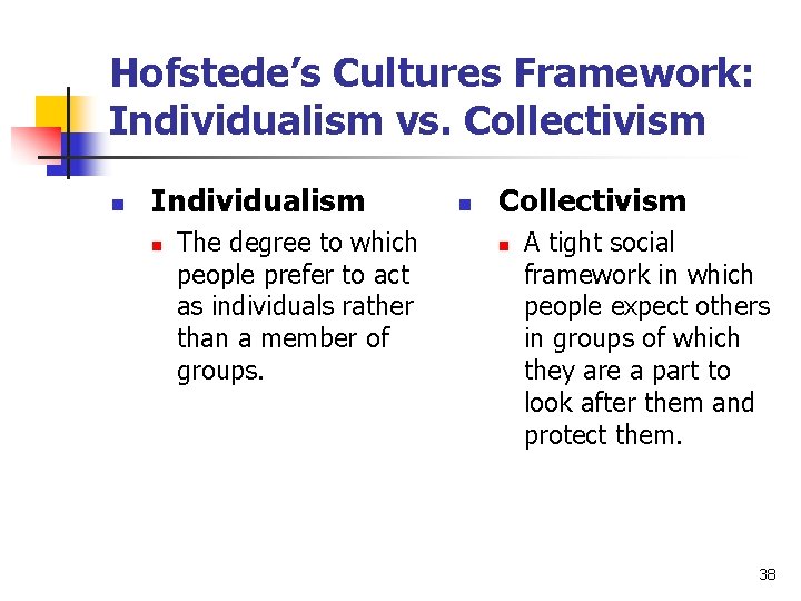 Hofstede’s Cultures Framework: Individualism vs. Collectivism n Individualism n The degree to which people