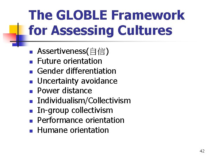 The GLOBLE Framework for Assessing Cultures n n n n n Assertiveness(自信) Future orientation