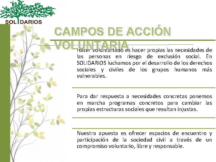 CAMPOS DE ACCIÓN VOLUNTARIA Hacer voluntariado es hacer propias las necesidades de las personas