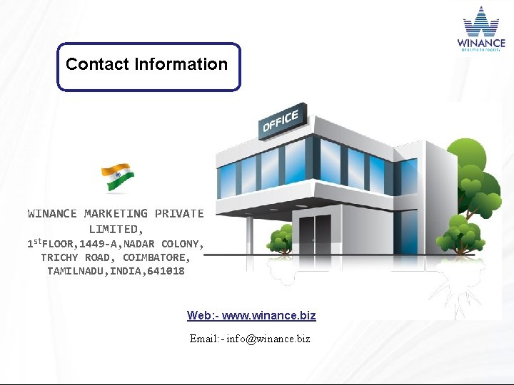 Contact Information WINANCE MARKETING PRIVATE LIMITED, 1 st. FLOOR, 1449 -A, NADAR COLONY, TRICHY
