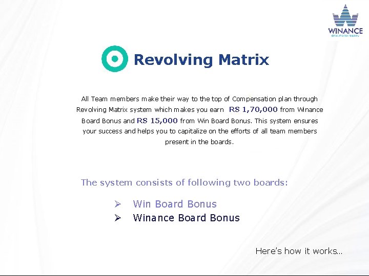 Revolving Matrix All Team members make their way to the top of Compensation plan